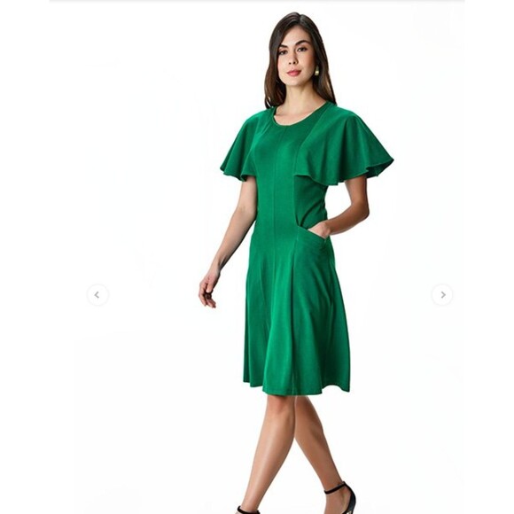 Eshakti Flutter Dress Size M Kelly‎ Green Flutter Sleeve 100% Cotton Jersey - Picture 1 of 9